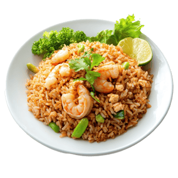Delicious Thai style fried rice with shrimp paste and fresh vegetables served on a plate, Fried rice with Shrimp paste, Thai style foodisolated on white background png