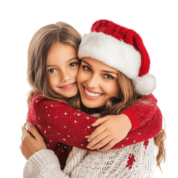 Emotional Christmas moment with child girl hugging mother in festive attire and joyful spirit, Child Girl Hugging Mother in Christmas Attire on white background png