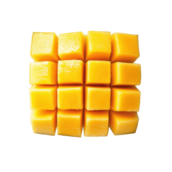 Fresh mangos arranged in cubes on a clean Transparent background for a vibrant display, Mangos whole and cubed, background png