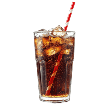 Refreshing cool soda in a tall glass with ice and a striped straw on a white background, delicious cool cup soda isolated on white background png