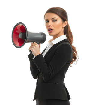 Young business woman confidently delivering a message with a megaphone in a professional setting, Young business woman with megaphone. leadership concept Transparent background png