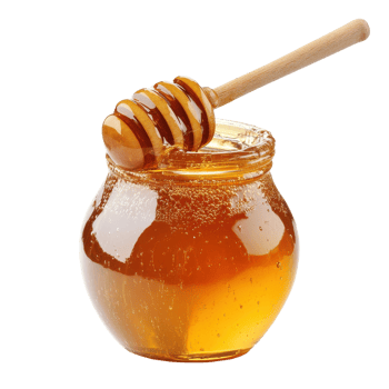 Delicious honey jar with wooden dipper isolated on Transparent background for natural sweetener promotion, Sweet honey isolated on background png