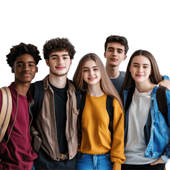 Group of diverse high school students standing together in a studio setting with white background, Group students isolated on white png
