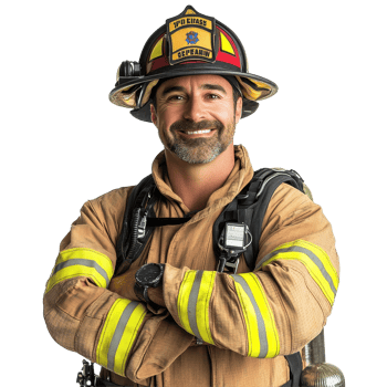 Friendly and confident firefighter smiling with arms crossed in uniform, firefighter portrait, friendly smiling arms crossed isolated on solid white background png