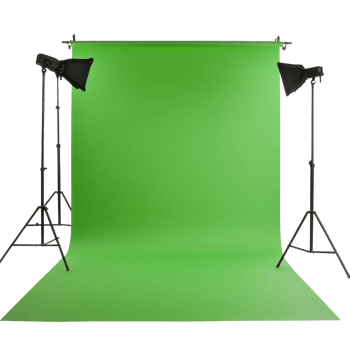 Professional green screen setup with studio lights for production and photography, Green screen isolated on white background Chroma key, white background png