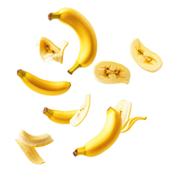 Falling slices of banana create a playful display against a bright white background, Falling flying banana slices isolated on white background png