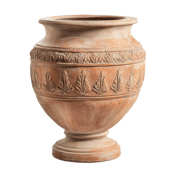 Antique terracotta urn crafted with intricate leaf designs, showcasing historical artistry and charm, Garden terracotta urn old antique isolated on white background png
