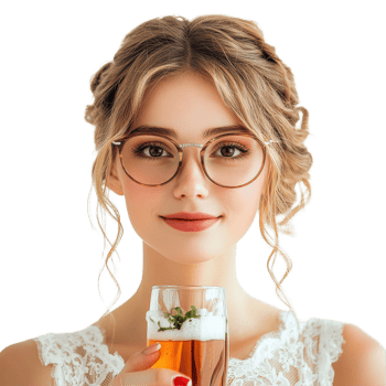 Young bride wearing glasses enjoys a drink in a bright, minimalist setting on her special day, Portrait young bride in glasses with drink isolated on Transparent background png