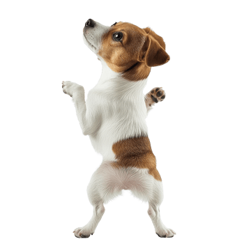 Cute little dog stands on back paws in a playful pose against a Transparent background, Little cute dog standing on two back paws isolated on white png