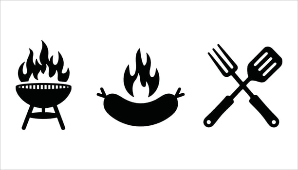 Barbecue Icons Collection Grilled Meat, Tools, and Flame Symbols for Picnic, Summer, and Food Projects vector