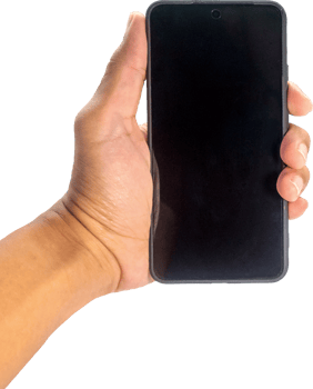 Man's hand holding a mobile phone with blank screen png