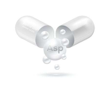 Aspartic acid amino acid float out of the capsule isolated on white background. For food supplement ad package design. Science medical concept. vector