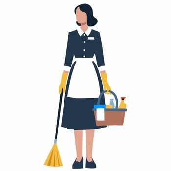 A maid holding a broom and cleaning supplies vector