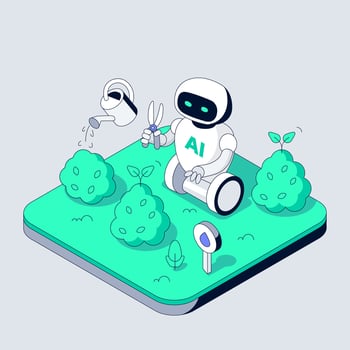 Autonomous Robot Gardener waters plants and trims Bushes. Smart Ai monitors soil moisture with sensors. Sustainable technology improves eco friendly garden maintenance. Isometric illustration vector