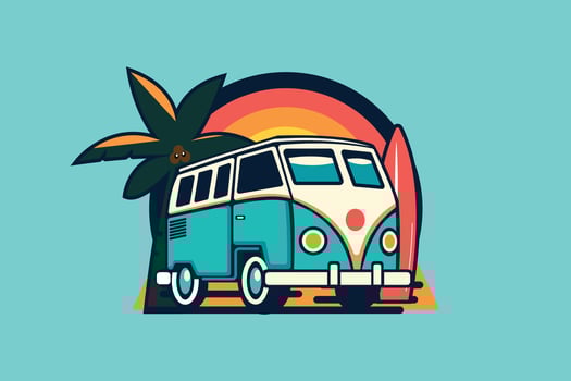 Retro Vacation Van Illustration, Summer Beach Adventure with Sunset, Surfboard, and Palm Tree vector