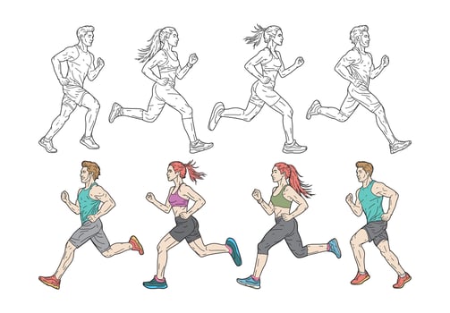 Runners in Action Line Art and Colored Illustrations vector