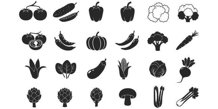 Assorted Vegetables and Fruits Collection Black and White Set vector