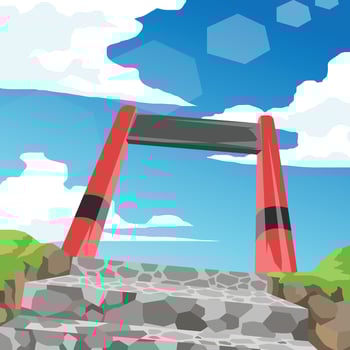Square poster stone steps leading up to a red and gray archway under a bright blue sky with stylized white clouds. Scene suggests an entrance or a gateway. possibly in a park or scenic area. vector