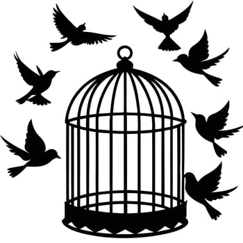 Birds in Flight Surrounding an Empty Birdcage vector
