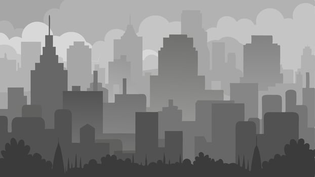 Smoggy City Skyline A simple of a city skyline obscured by thick gray smog. Dark silhouettes of buildings rise against a hazy sky with faint outlines of trees ly. vector