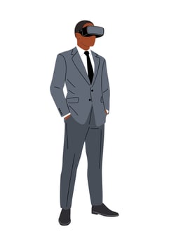 Black businessman standing wearing a VR headset vector