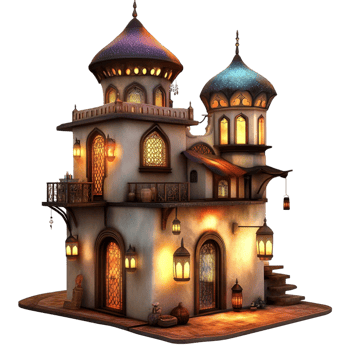 Fantasy Style Islamic Palace or Mosque with Ornate Towers and Archways png