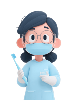 Cartoon female dentist with toothbrush and glasses in protective gear png