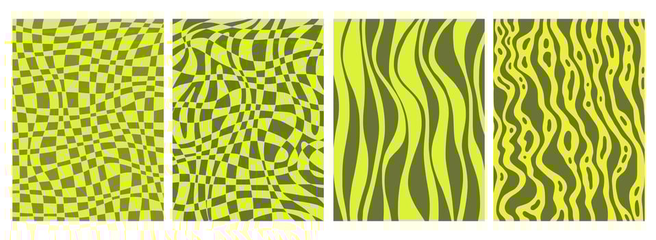 Set of abstract backgrounds, psychedelic checkerboard and wavy neon pattern vector