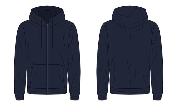Navy blue hoodie jacket front and back view vector