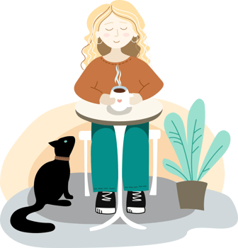 A woman with a cup of coffee at a table. A black cat is sitting under the table png