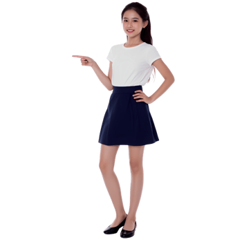 Vibrant girl with an inviting gesture, drawing attention to her left. png