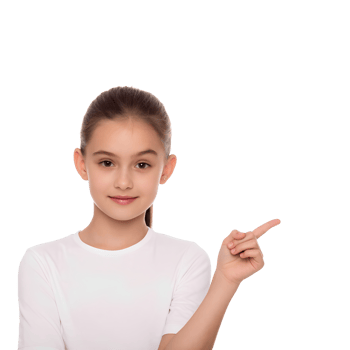 Happy school-age girl confidently directing attention to one side. png