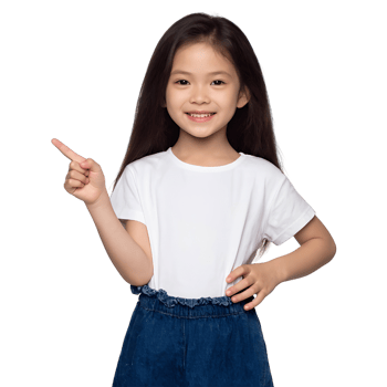 Bright-eyed girl indicating something exciting off to the side. png