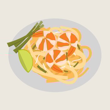 Pad thai shrimp noodle lime chive bean sprout traditional Asian cuisine delicious flat illustration plate food meal lunch dinner garnish vegetable egg stir fried sweet savory tangy protein seafood vector