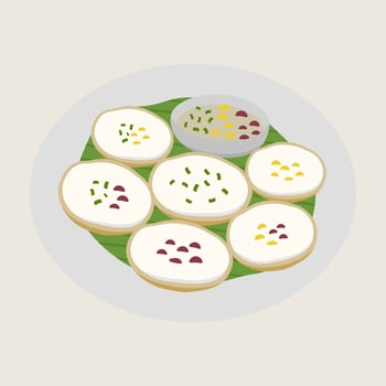 Thai dessert coconut rice pancake Khanom krok traditional sweet round shape green banana leaf white creamy topping chive garnish yellow corn red bean vector