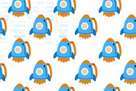 Seamless pattern of rocket-shaped backpacks in blue and orange, ideal for kids vector