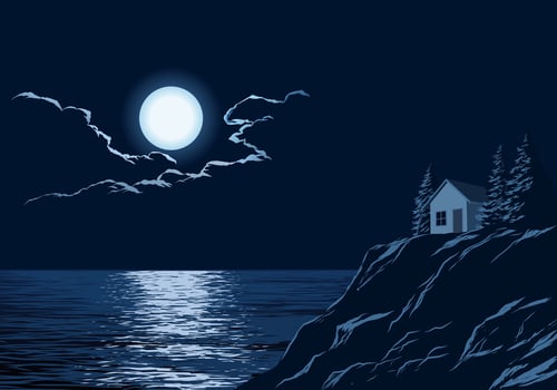 Serene night landscape illustration with a cottage by the seaside vector