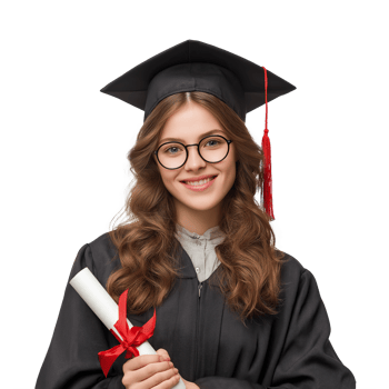 Smiling Graduate in Cap and Gown Holding Diploma with Red Ribbon, Isolated on Transparent Background png