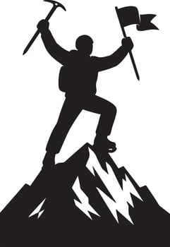 Silhouette of climber triumphantly reaching mountain peak vector