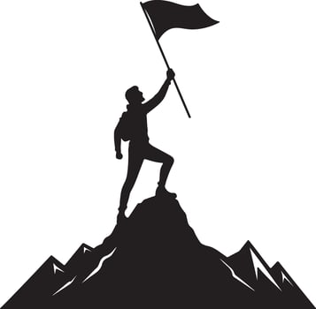 Silhouette of climber reaching the summit with flag vector