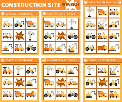 construction site bingo cards set. Fun family lotto board game with cute cars, trucks for kids. Special transport lottery activity. Simple educational printable worksheet with vehicles vector
