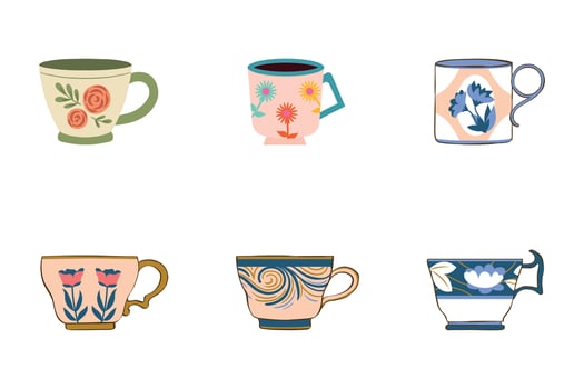 illustration showcases a set of coffee cups, ideal for cafe design with hot drink icons and espresso silhouettes vector