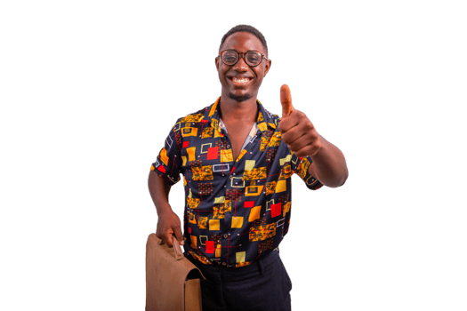 African businessman with briefcase smiles and gives thumbs up png
