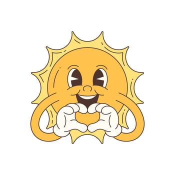Cute Cartoon Smiling Sun Character Making Heart Shape With Hands In Art Style vector