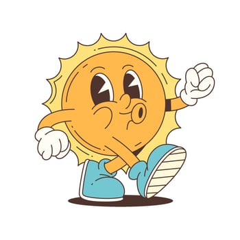 Funny Cartoon Sun Mascot Character Walking Wearing Sneakers In Illustration vector