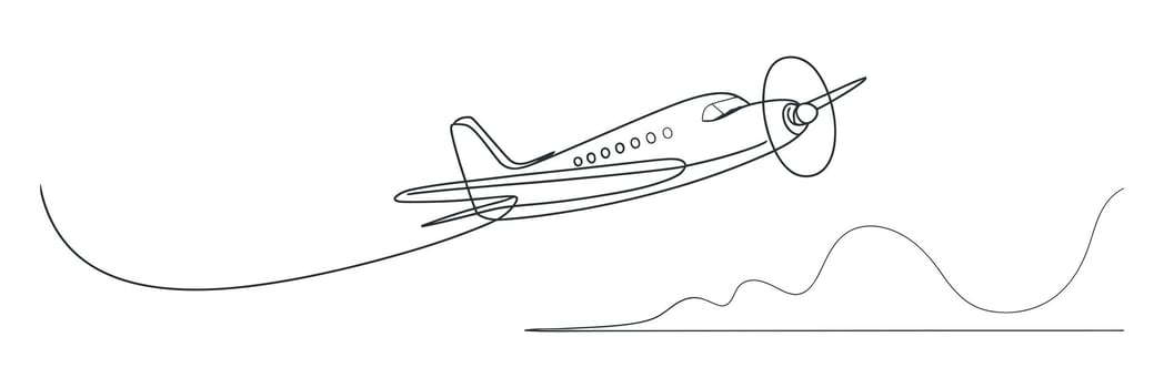 Single Line Drawing of a Propeller Airplane in Flight Over Rolling Hills vector