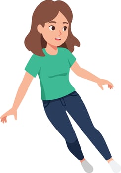 Young woman with brown hair wearing green shirt and blue pants floating in space illustration vector