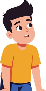 Young boy looking sideways in yellow shirt and blue pants illustration of curious child expression vector