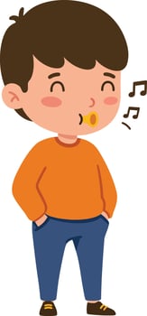 Young boy whistling happily with hands in pockets wearing orange sweater and blue pants illustration vector