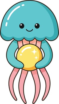 Cute cartoon jellyfish holding glowing yellow orb illustration with turquoise and pink colors in simple design vector